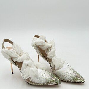 FSJ Women Crystal Studded Clear Pumps Sparkle Rhinestones Mid Low Heel Sandals S